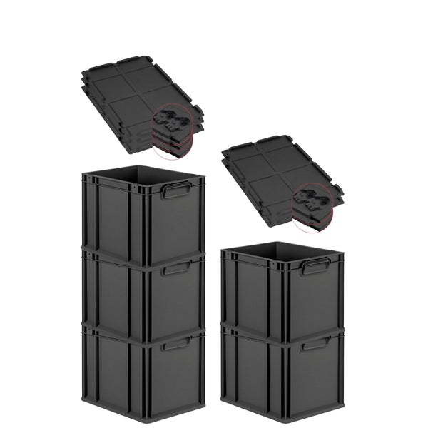 PROREGAL SuperSparSet 5x Eurobox NextGen Grip mit Scharnierdeckel und schwarzen Schiebeschnappverschlüssen, HxBxT 32x30x40cm, 30 Liter, Schwarz, Griffe geschlossen, Eurobehälter, Transportbox, Transportbehälter, Stapelbehälter