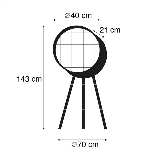 Technische Zeichnung einer Stehlampe mit den Maßen 143 cm Höhe, 40 cm Durchmesser des Lampenschirms und 70 cm Durchmesser des Standfußes.