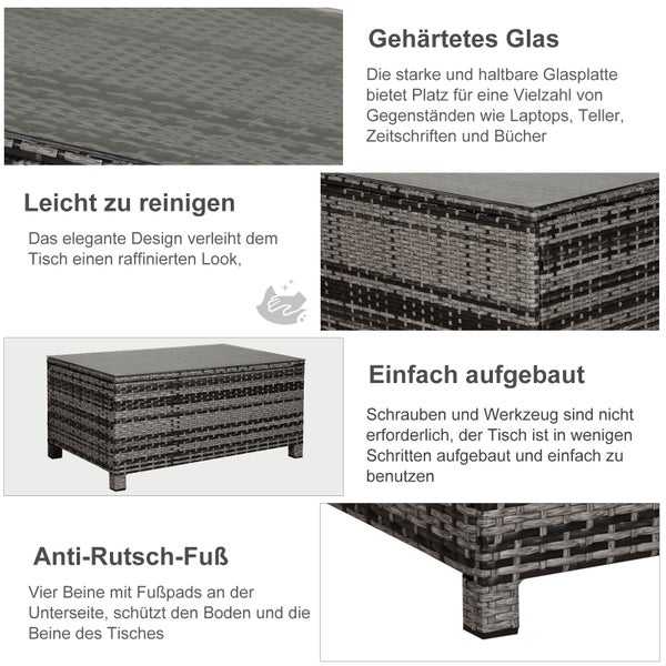Detailansicht eines Rattantisches mit Glasplatte