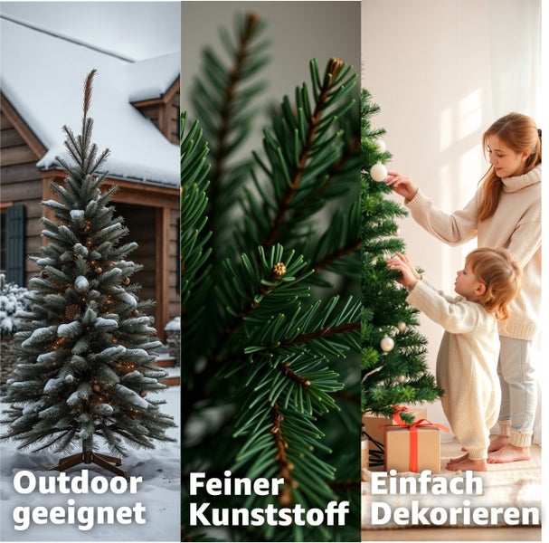 Kollage mit einem für den Außenbereich geeigneten, fein gearbeiteten und leicht zu dekorierenden künstlichen Weihnachtsbaum.