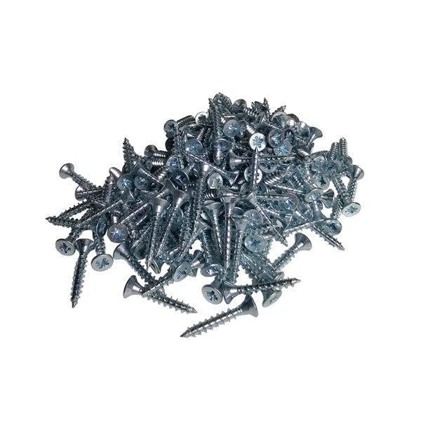 Haufen aus Senkkopfschrauben mit Kreuzschlitz aus verzinktem Stahl.