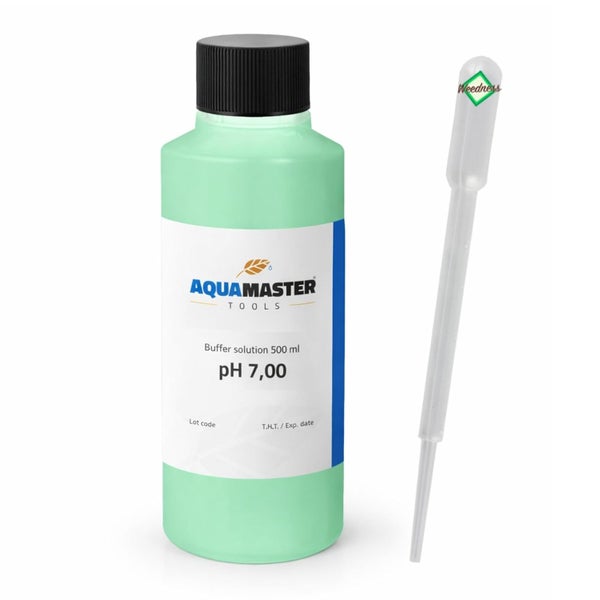 Aqua Master Tools Pufferlösung pH 7,00 in einer 500 Milliliter Flasche mit einer Pipette.