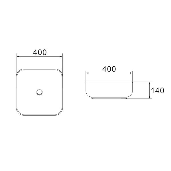 Zeichnung eines Aufsatzwaschbeckens mit den Maßen 400 x 400 x 140 mm