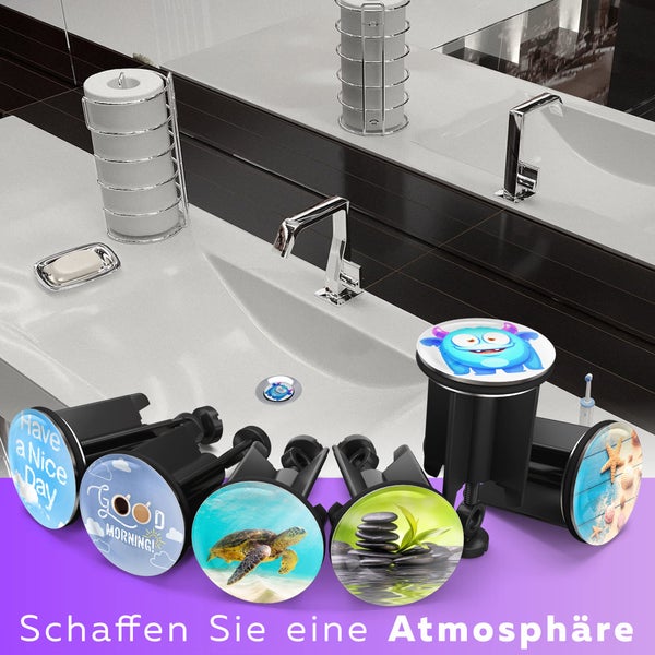 Waschbeckenstöpsel mit verschiedenen Motiven im Badezimmer