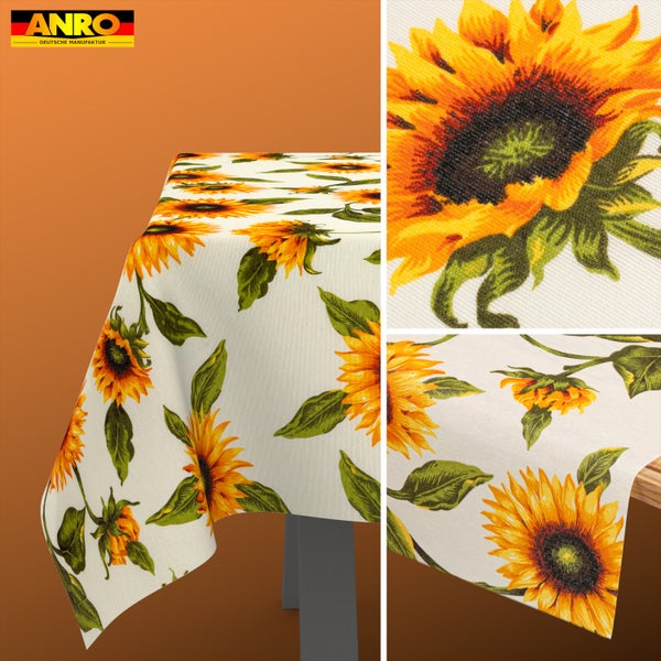 Abwaschbare Tischdecke mit Sonnenblumen-Motiv, ANRO Deutsche Manufaktur Logo.