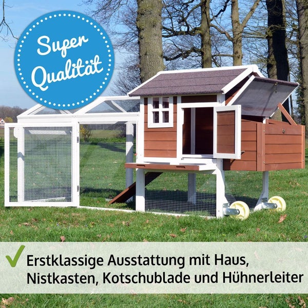 Hühnerstall aus Holz mit Auslauf, Nistkasten, Kotschublade, Leiter und Rollen, erstklassige Qualität und Ausstattung.