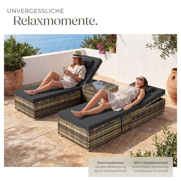 Details zu Polyrattan-Gartenmöbeln: 6-stufig verstellbare Rückenlehne, Sicherheitsglasplatte, strapazierfähiges Geflecht und wasserabweisende Bezüge.