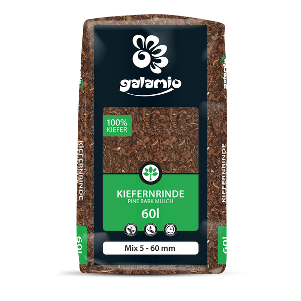 Galamio Kiefernrinde, 100 Prozent Kiefer, 60 Liter Sack, Körnung 5 bis 60 Millimeter.