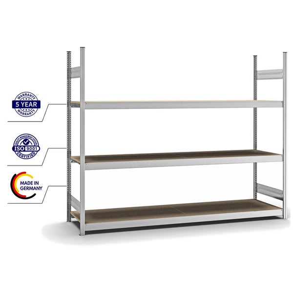 PROREGAL Weitspannregal Stecksystem T-Profil Grundregal HxBxT 200x250x60 cm 3 Ebenen Spanplatten Fachboden Fachlast 350 kg Verzinkt