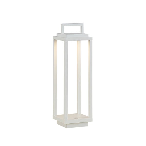 Weiße LED-Außenleuchte in rechteckiger Laternenform mit Tragegriff.