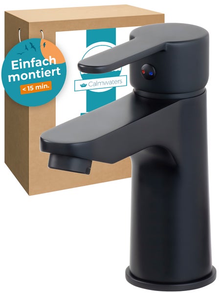 Calmwaters® Schwarze Waschtischarmatur mit einfacher Montage von oben, Wasserhahn inklusive Pop-Up-Ventil, leicht selbst montiert, Wasserspar-Kartusche, 14PZ6153