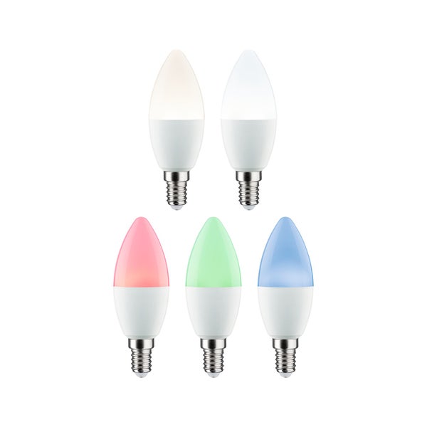 Fünf LED Kerzenlampen mit E14 Sockel in verschiedenen Lichtfarben für eine vielseitige Beleuchtung.