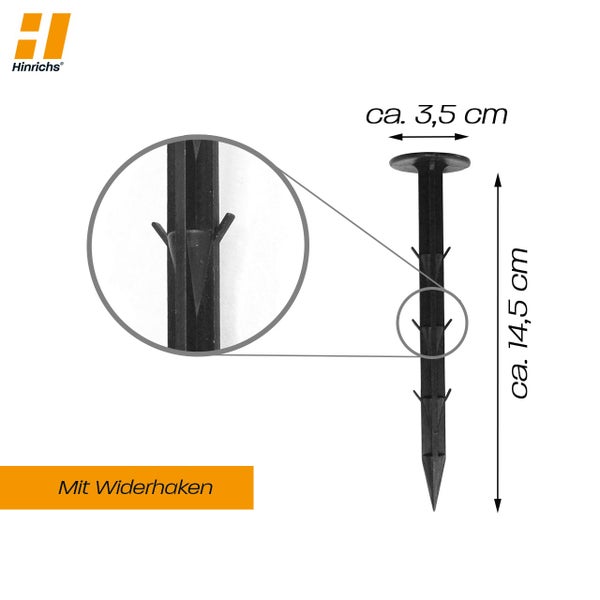 Hinrichs Erdnägel 100 Stück - Erdanker Unkrautvlies extra stark - 6 Widerhaken - 14,5 cm lang, 35mm Kopfdurchmesser