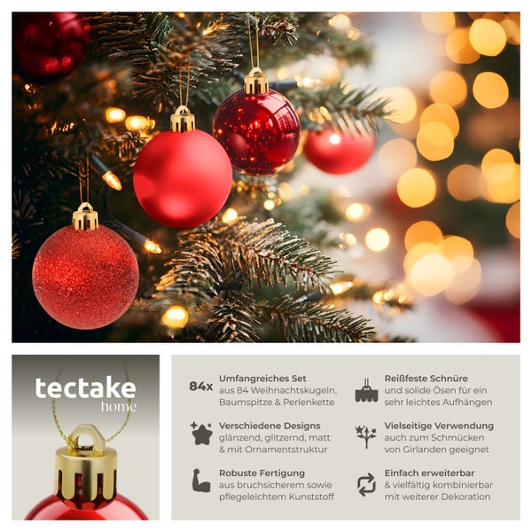 Weihnachtsbaum geschmückt mit roten Christbaumkugeln und Tectake Home Logo