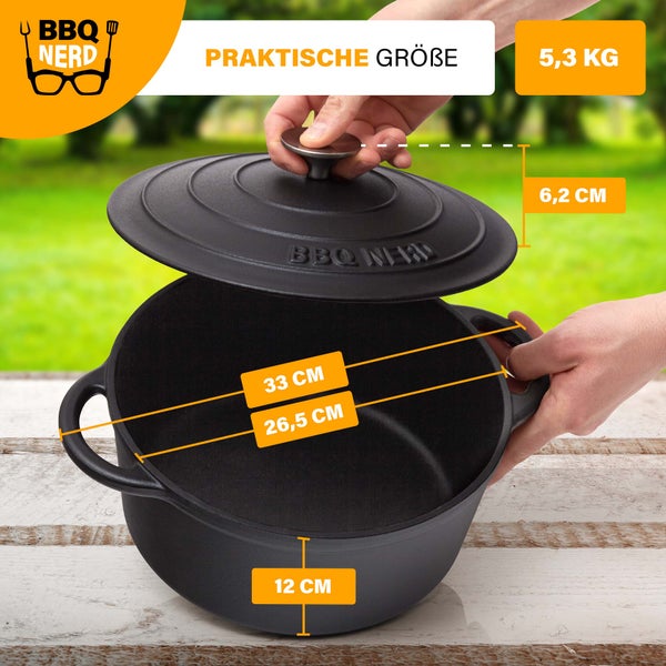 BBQ-Nerd Bräter (rund) mit Deckel 5 L aus Gusseisen mit Emaille-Beschichtung | Bratentopf Kochtopf Gusseisentopf - ideal zum langsamen Garen | Energieeffiziente, wärmespeichernde Cocotte