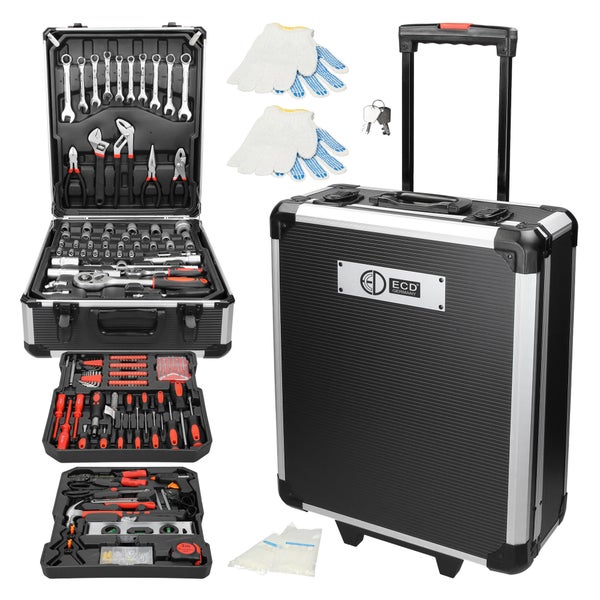 ECD Germany Alu Werkzeugkoffer 949 teilig Qualitätswerkzeug, Schwarz, Chrom-Vanadium Stahl, 4 Ebenen, mit Rollen, Werkzeugkasten Werkzeugkiste Werkzeugtasche Werkzeugbox Werkzeug-Set Werkzeug Trolley