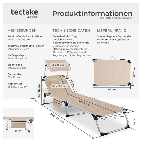 Produktinformationen zur tectake Gartenliege mit Maßen, technischen Daten wie Belastbarkeit und Material sowie Angaben zum Lieferumfang.