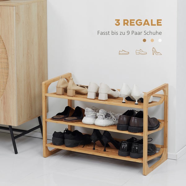 HOMCOM Schuhregal, Schuhständer mit 3 Ebenen aus Bambus, für max. 9 Paar Schuhe, Schuhablage mit Griff für Eingang, Schlafzimmer, 76 x 33 x 51 cm, Natur