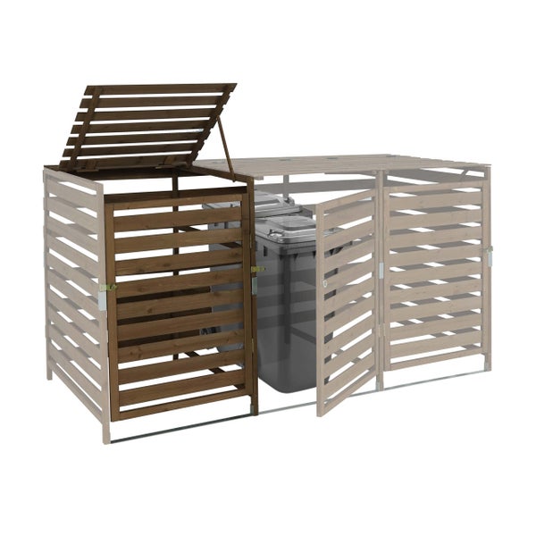 Mülltonnenbox aus Holz mit Lamellen und einer geöffneten Klappe