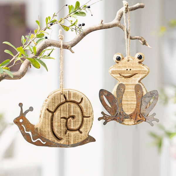 FRANK FLECHTWAREN | Hänger Gartenbewohner, 2er Set, HOLZ, METALL, KUNSTSTOFF, 13 x 16 cm, 18 x 12 cm