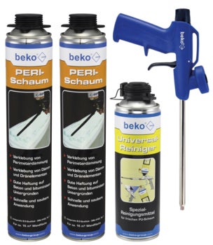 beko Set mit zwei Dosen PERI-Schaum, einer Dose Universalreiniger und einer blauen Schaumpistole.