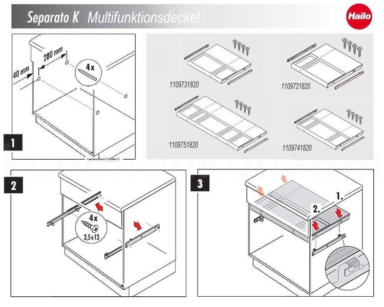 Technische Zeichnung und Montageanleitung für den Hailo Separato K Multifunktionsdeckel mit Montageschritten und verschiedenen Modellen.