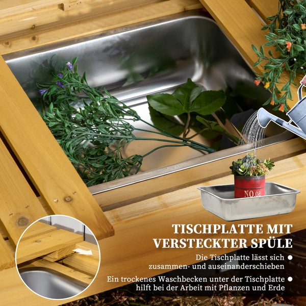 Outsunny Pflanztisch, Arbeitstisch mit ausziehbarer Tischplatte, 2 Ablagefächern, Gärtnertisch mit integriertem Edelstahl-Spülbecken, Blumentisch aus Massivholz, 92 x 45 x 120 cm, Braun