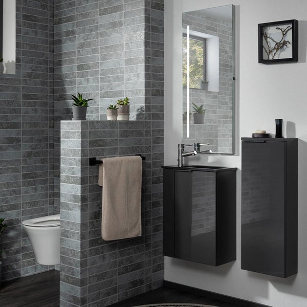 Fackelmann LUNA Gäste-WC Set 2 Teile – Waschtischunterschrank in Anthrazit mit Waschbecken aus Glas in Anthrazit – SBC Waschbeckenunterschrank schmal – Türanschlag rechts – 45 cm breit