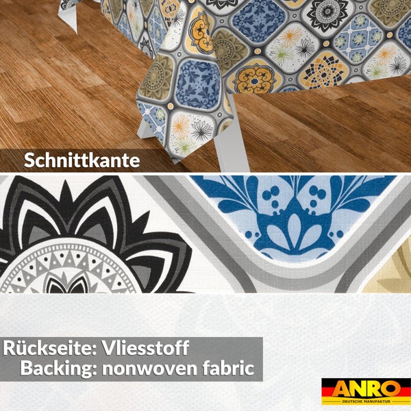 Wachstuch mit Kachelmuster, Detailansicht der Schnittkante und der Rückseite aus Vliesstoff, ANRO Logo.
