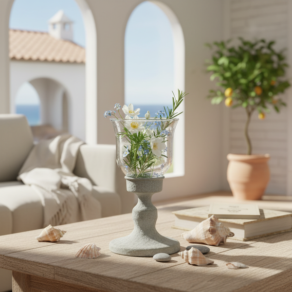 Dekovase mit Steinfuß und Glasaufsatz auf Holztisch mit Muscheln. Hell eingerichteter Raum im mediterranen Stil mit Zitronenbaum.