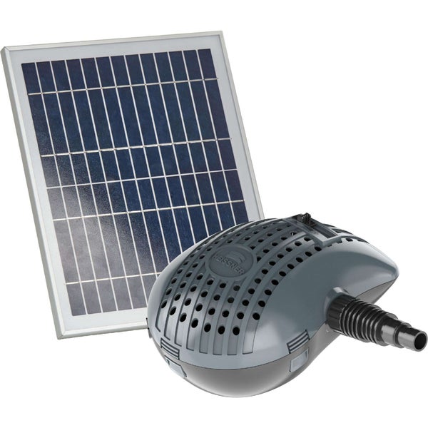 Heissner Solar-Teichpumpenset bestehend aus einem Solarpanel und einer Filterpumpe für den Gartenteich.