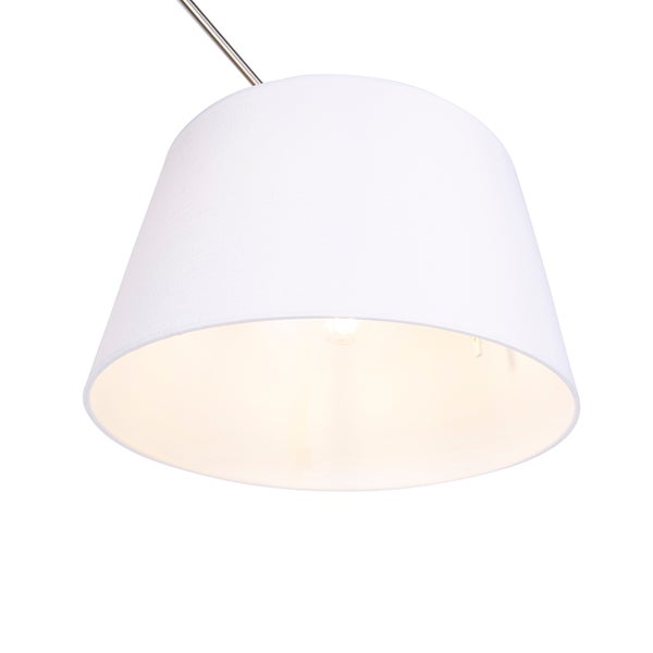 Konischer Lampenschirm aus weißem Stoff, von innen beleuchtet, für Stehleuchten geeignet.