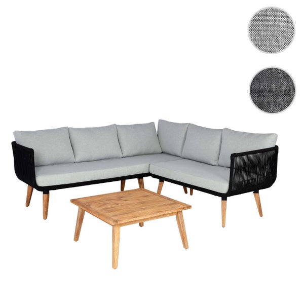 Garten-Lounge-Set mit Ecksofa, schwarzer Seilbespannung, grauen Polstern, Holzfüßen und quadratischem Holztisch.