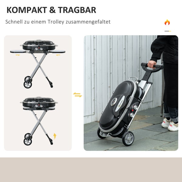 Tragbarer Gasgrill, der sich zum Transportieren zusammenklappen lässt.
