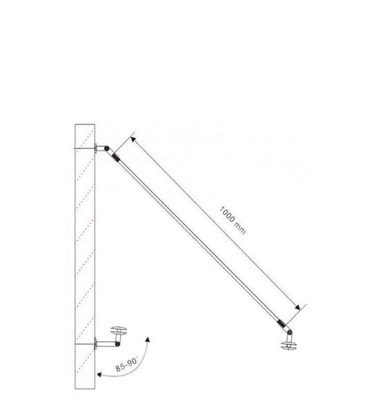 Technische Zeichnung einer Duschkabinen-Stabilisierungsstange mit den Maßen 1000 Millimeter und einem Winkel von 85 bis 90 Grad.