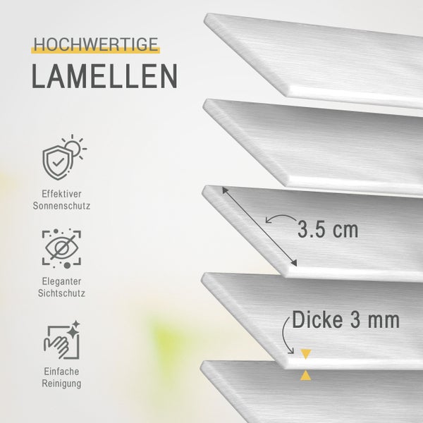 Hochwertige Jalousien Lamellen mit 3,5 Zentimeter Breite und 3 Millimeter Dicke für Sonnenschutz und Sichtschutz sowie einfache Reinigung.