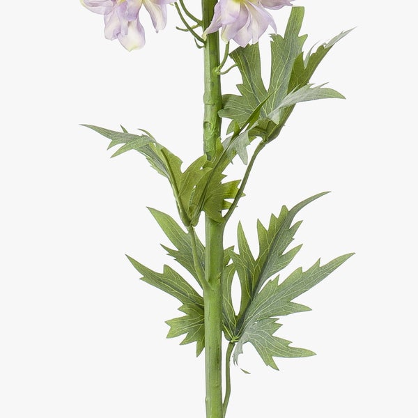 Nahaufnahme des Stiels und der grünen Blätter eines künstlichen Rittersporns mit hellvioletten Blüten.