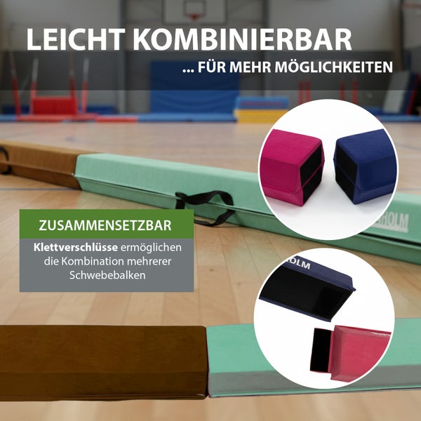 Ein Kind balanciert auf einem faltbaren Trutzholm Schwebebalken mit Tragegriffen und Transporttasche.