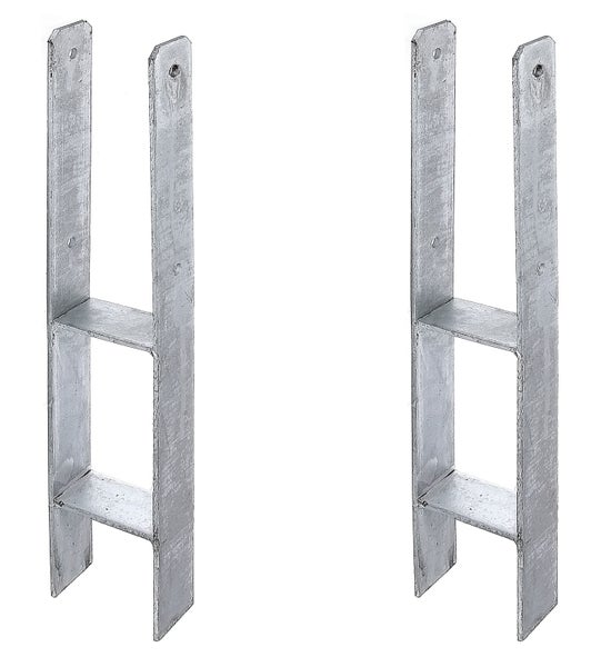 Zwei verzinkte Pfostenträger zum Einbetonieren in H-Form für die stabile Befestigung von Holzpfosten.