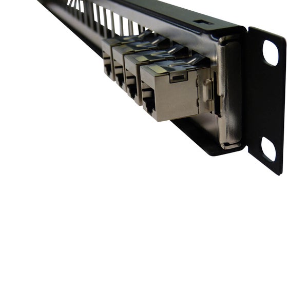 Patchpanel Modulträger mit RJ45 Keystone Modulen für Netzwerktechnik zur Rackmontage aus Metall.