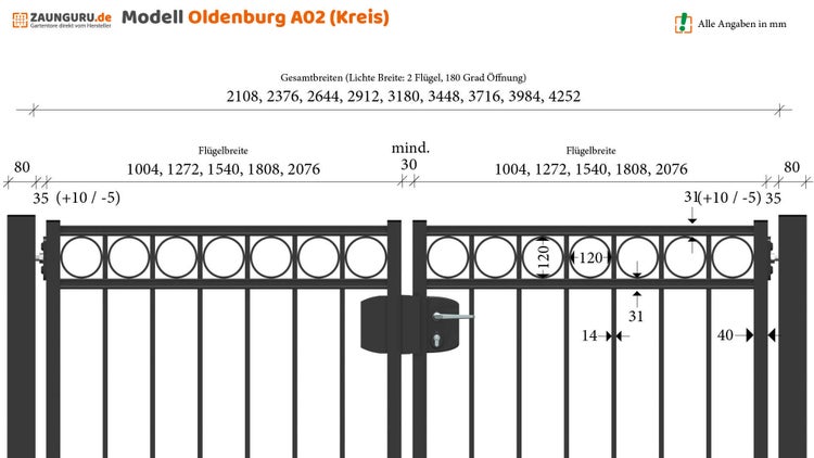 Gartentor ZAUNGURU BASIC-Line Oldenburg Kreis aus Metall, Höhe: 163cm, Breite: 334cm, 2-flügelig inkl. Pfosten, Schloss und Zubehör, Feuerverzinkt und zusätzlich in RAL 7016 Anthrazitgrau pulverbeschichtet