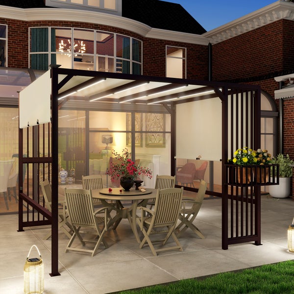 Outsunny Pergola Pavillon 3x2,5m UV 30+Stabil winterfest Sonnenschutz mit verstellbar Schiebedach Sichtschutz Pflanzgefäße freistehend Gartenpavillon Terrassenüberdachung für Garten Balkon Dunkelbraun