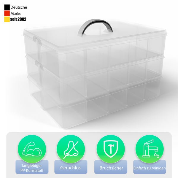 BigDean Sortierbox Aufbewahrung mit Griff, Transparent, 24 x 18,5 x 16 cm, 3 Etagen m. 21 Fächern,für Spielzeug,Büro-Utensilien,Bastel-Material,Kleinteile