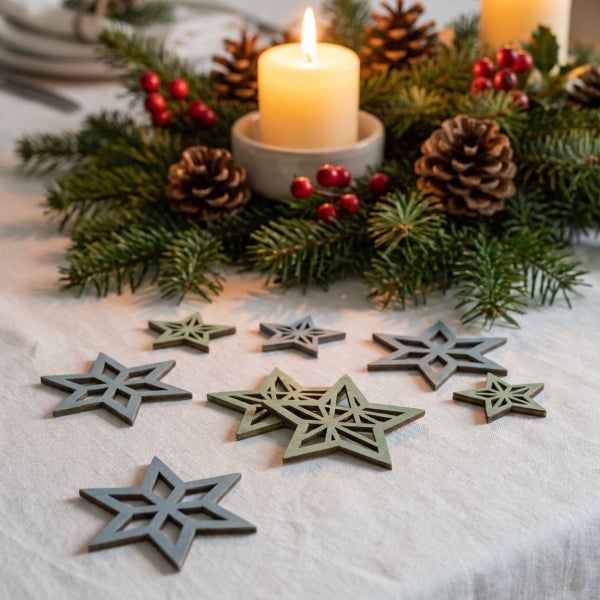 Weihnachtliche Tischdekoration mit ausgestanzten Holzsternen und einem Adventskranz aus Tannenzweigen, Tannenzapfen und Kerzen auf einer Tischdecke.