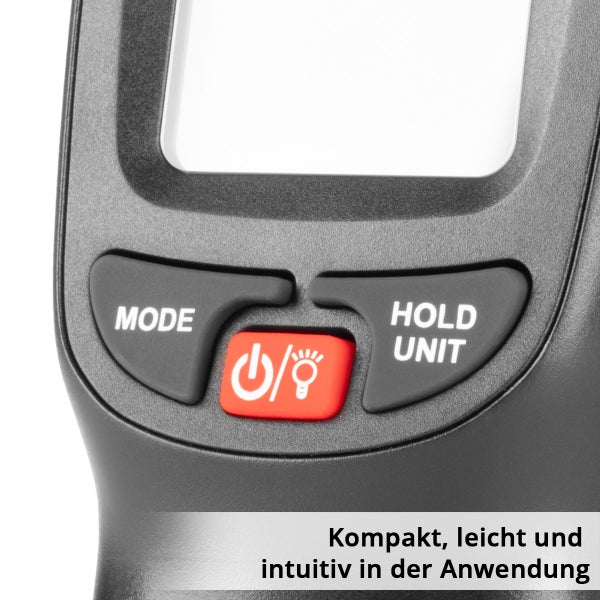 Nahaufnahme der Tasten eines Messgeräts: Modus, Halten/Einheit, Ein/Aus und Licht