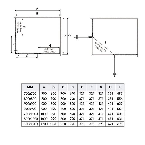 Technische Zeichnung einer Duschkabine mit Maßangaben