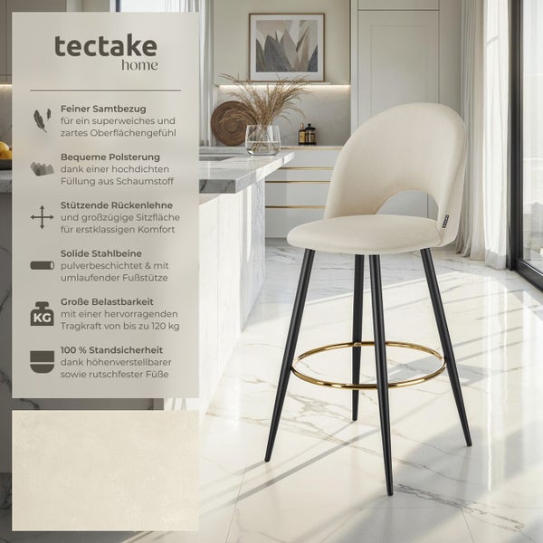 Barhocker mit Samtbezug, Stahlbeinen und Fußstütze in einer Küchenszene