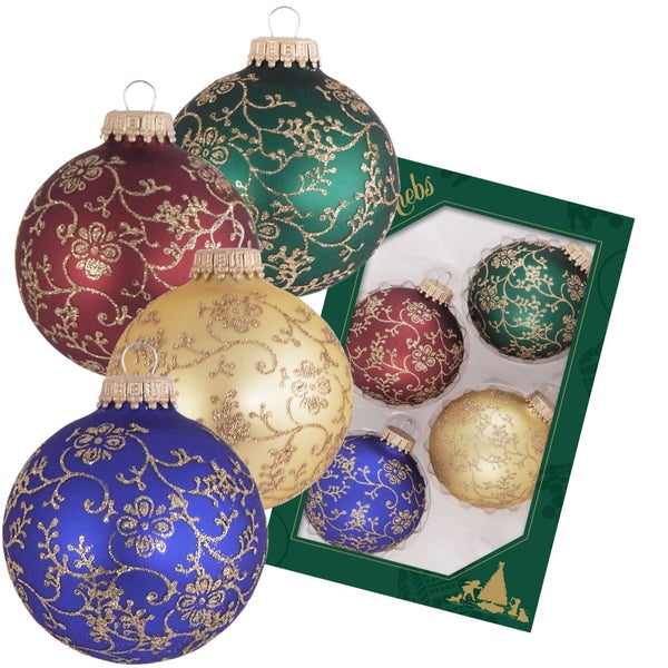 Traditionelle Farben Rot/Gold/Grün/Blau, 7cm Glaskugel mit goldenem Glitterdekor, handbemalt, 4 Stck., Weihnachtsbaumkugeln, Christbaumschmuck, Weihnachtsbaumanhänger