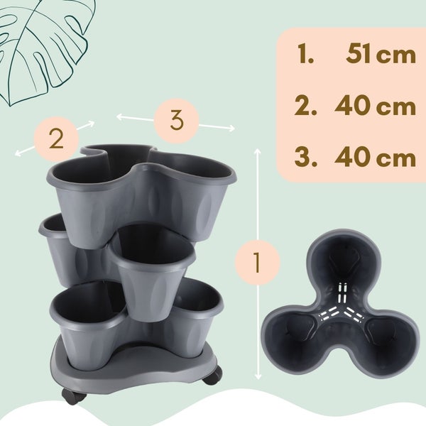 Grauer Pflanzenturm mit drei Etagen und Angaben zu den Abmessungen