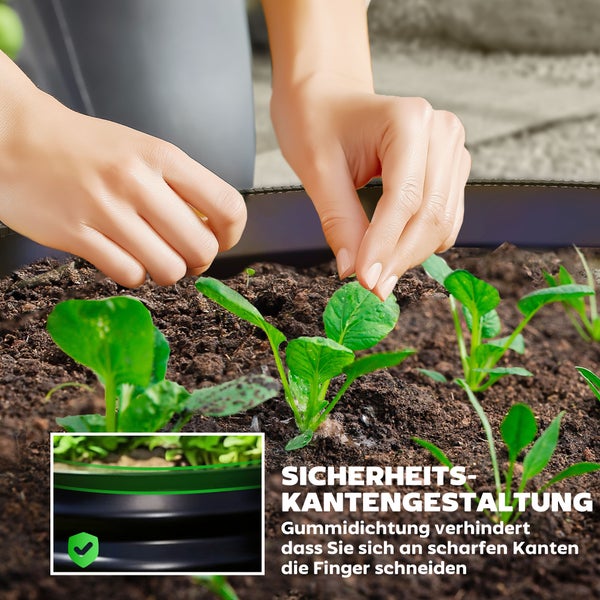 Hände pflegen Pflanzen in einem Hochbeet mit Sicherheitskante und Gummidichtung zum Schutz vor scharfen Kanten.